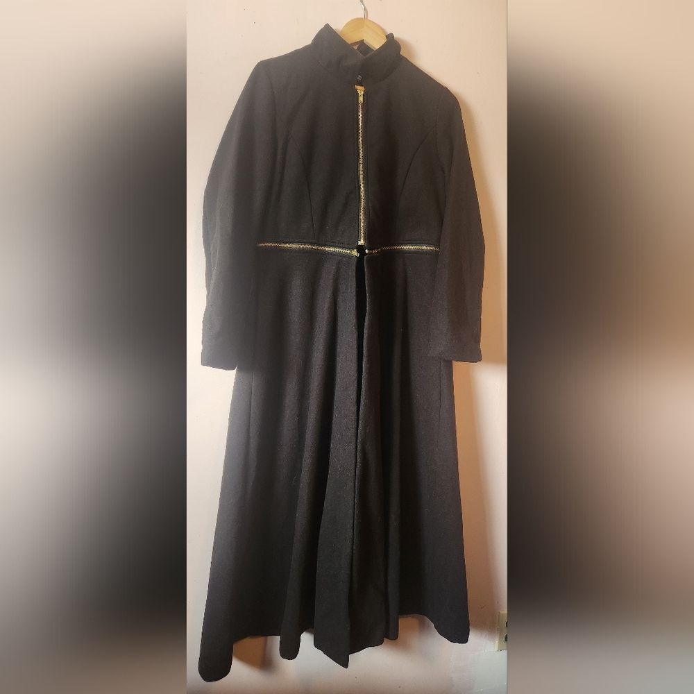 OWIND Vampire Gothic Detachable 2-in-1 Black Wool-Blend Trench Coat Size XL